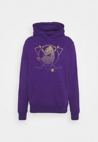 Sudadera morada con un diseño gráfico frontal con acentos dorados, bolsillo tipo canguro, cordones y puños y dobladillo acanalados.