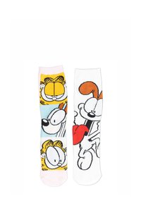 Calzini di cotone con design di Garfield e Odie. Un calzino è multicolore con grafiche dei personaggi, l'altro è principalmente bianco con accenti vistosi.