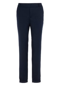 Navy blue tailored trousers made of smooth fabric, featuring a slim fit, elastic waistband, and rolled cuffs at the hem.