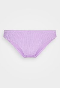 Parte de baixo de bikini roxa com um material texturizado e ribado. Apresenta um design de altura média e uma cintura elástica. Forma simples e funcional.