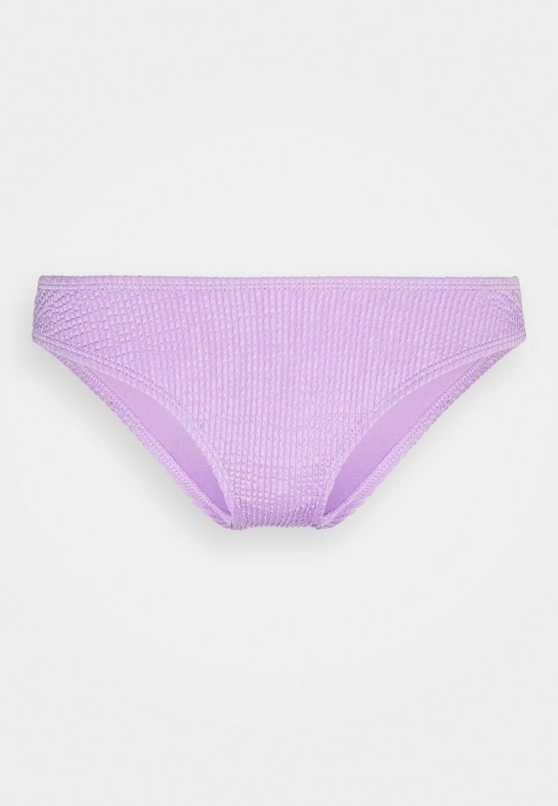 Parte de baixo de bikini roxa com um material texturizado e ribado. Apresenta um design de altura média e uma cintura elástica. Forma simples e funcional.