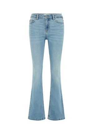 Light blue denim jeans with a high waist, five-pocket design, button closure, and flared legs.