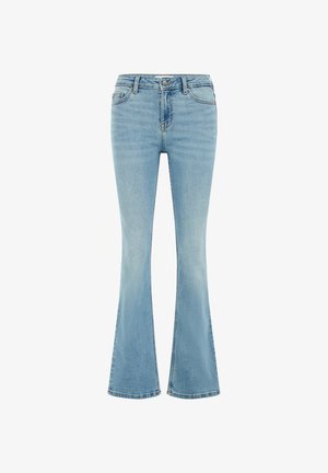Light blue denim jeans with a high waist, five-pocket design, button closure, and flared legs.
