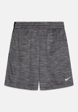 Nike sivi atletski šortsi z teksturirano tkanino, elastičnim pasom in majhnim belim logotipom na spodnjem desnem robu.