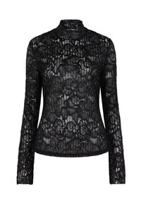 Schwarzes Spitzentop mit hohem Kragen, langen Ärmeln, floralen Muster und transparenter Textur. Figurbetonte Silhouette und gewellte Kanten.