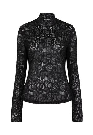 Zwarte kanttop met hoge kraag, lange mouwen, bloemenpatroon en doorschijnende textuur. Slanke pasvorm en gegolfde randen.