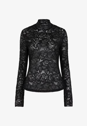 Zwarte kanttop met hoge kraag, lange mouwen, bloemenpatroon en doorschijnende textuur. Slanke pasvorm en gegolfde randen.