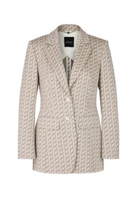 Textured beige blazer with geometric pattern, single-breasted design, two front pockets, and notched lapels. Lined interior. Buttoned closure.