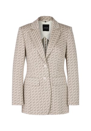 Textured beige blazer with geometric pattern, single-breasted design, two front pockets, and notched lapels. Lined interior. Buttoned closure.