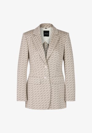 Texturierter beiger Blazer mit geometrischem Muster, einreihiges Design, zwei Fronttaschen und Schößchenlappen. Gefüttertes Innere. Knopfverschluss.