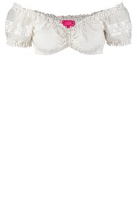 Top court blanc à épaules dénudées avec des bords volants, des détails en dentelle et une fermeture frontale. Manches bouffantes courtes avec une finition texturée.