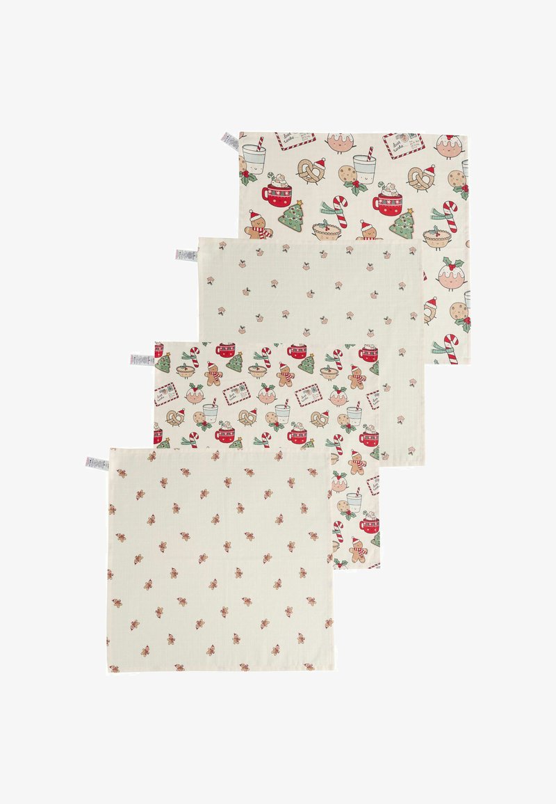 Cztery warstwowe beżowe tkaniny z wzorami świątecznymi, w tym pierniki, lizaki, ciasteczka, kubki, choinki i gałązki ostrokrzewu.