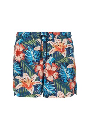 Bloemige zwemshorts met een blauwe achtergrond en rode en witte hibiscus bloemen, groene palmbladeren en een trekkoord in de taille.