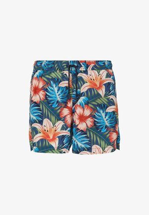 Bloemige zwemshorts met een blauwe achtergrond en rode en witte hibiscus bloemen, groene palmbladeren en een trekkoord in de taille.