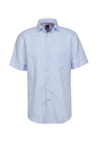 Camicia a maniche corte con bottoni di colore azzurro chiaro, caratterizzata da un sottile motivo floreale. Presenta dettagli dei bottoni in rosso e un colletto classico. Tessuto in misto cotone.