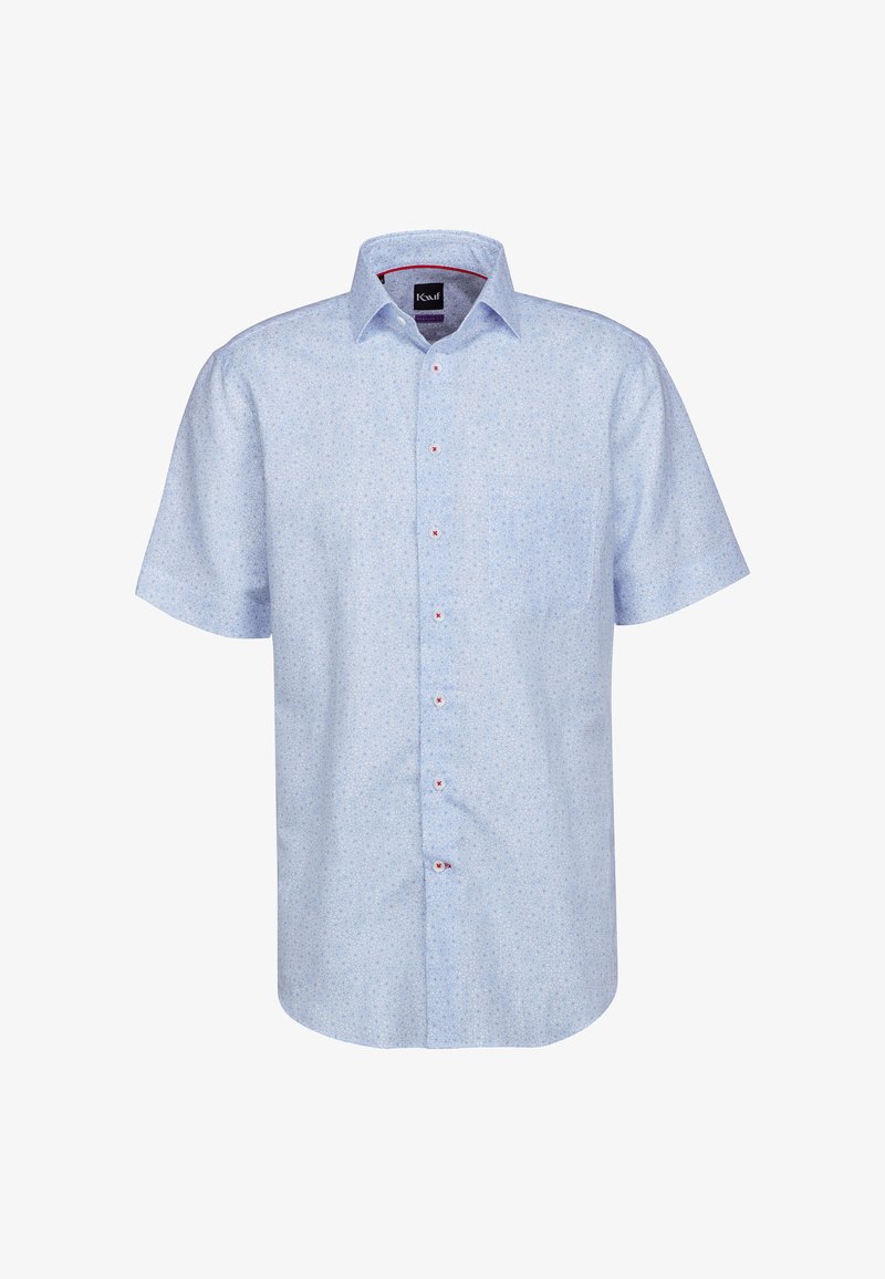 Camicia a maniche corte con bottoni di colore azzurro chiaro, caratterizzata da un sottile motivo floreale. Presenta dettagli dei bottoni in rosso e un colletto classico. Tessuto in misto cotone.