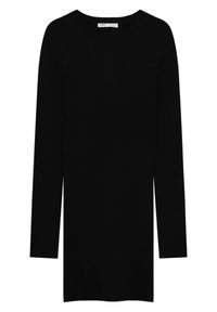 Haut noir à manches longues côtelé avec une coupe droite et un col rond, présentant une texture douce et sans motifs ni accents visibles.