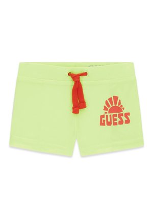 Jasnozielone szorty z czerwonym sznurkiem oraz czerwonym motywem słońca i napisem „GUESS” na prawej nogawce.