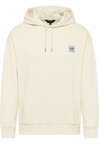 Krémová mikina s kapucí, s přední klokaní kapsou a malým modrým logem Lee Workwear na levé straně hrudi.
