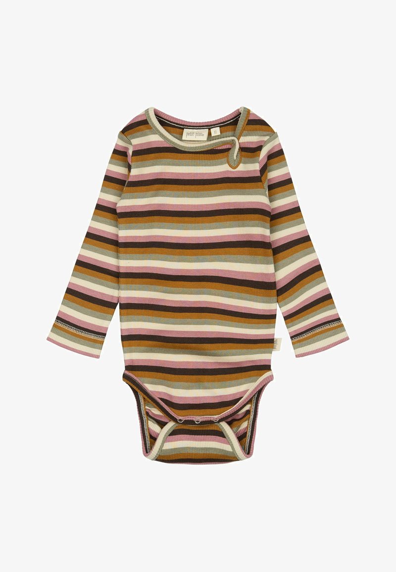 Bodysuit pour bébé à manches longues en tissu côtelé avec des rayures verticales marron, rose, crème et bleue. Fermeture à pression au fond.