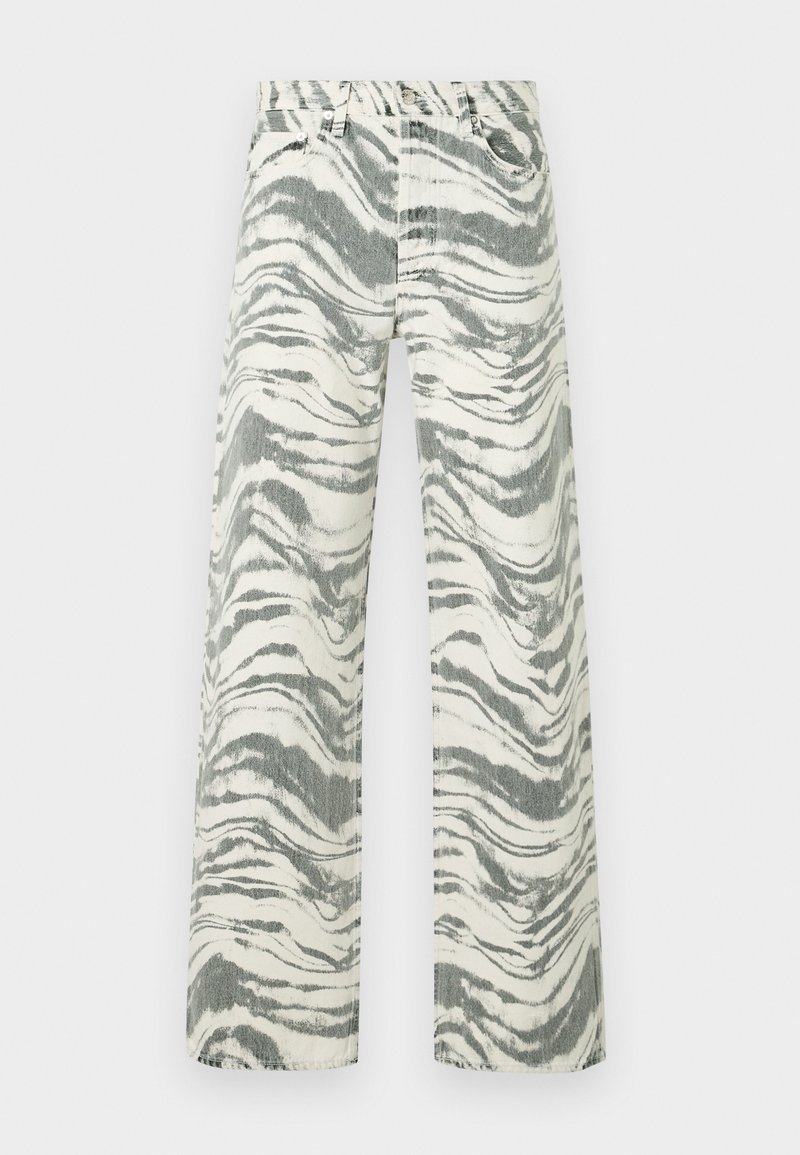 Jeans mit hoher Taille, weitem Bein, schwarz-weißem abstraktem Zebramuster und Fünf-Taschen-Design.