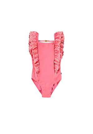 Maillot de bain une pièce rose avec des bretelles en dentelle florale à volants et un petit fermoir doré à l'arrière.