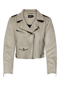 Klippe bikerjakke i lys beige ruskind. Har sølv hardware, lynlåslommer, skulderpuder og reverskrave. Glat tekstur.