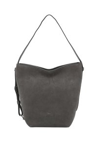 Grijze suède handtas met een zachte, ronde vorm, enkele schouderband en minimale hardware. Gladde textuur met een subtiele glans.