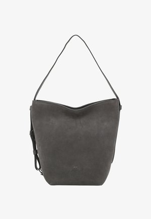 Grijze suède handtas met een zachte, ronde vorm, enkele schouderband en minimale hardware. Gladde textuur met een subtiele glans.