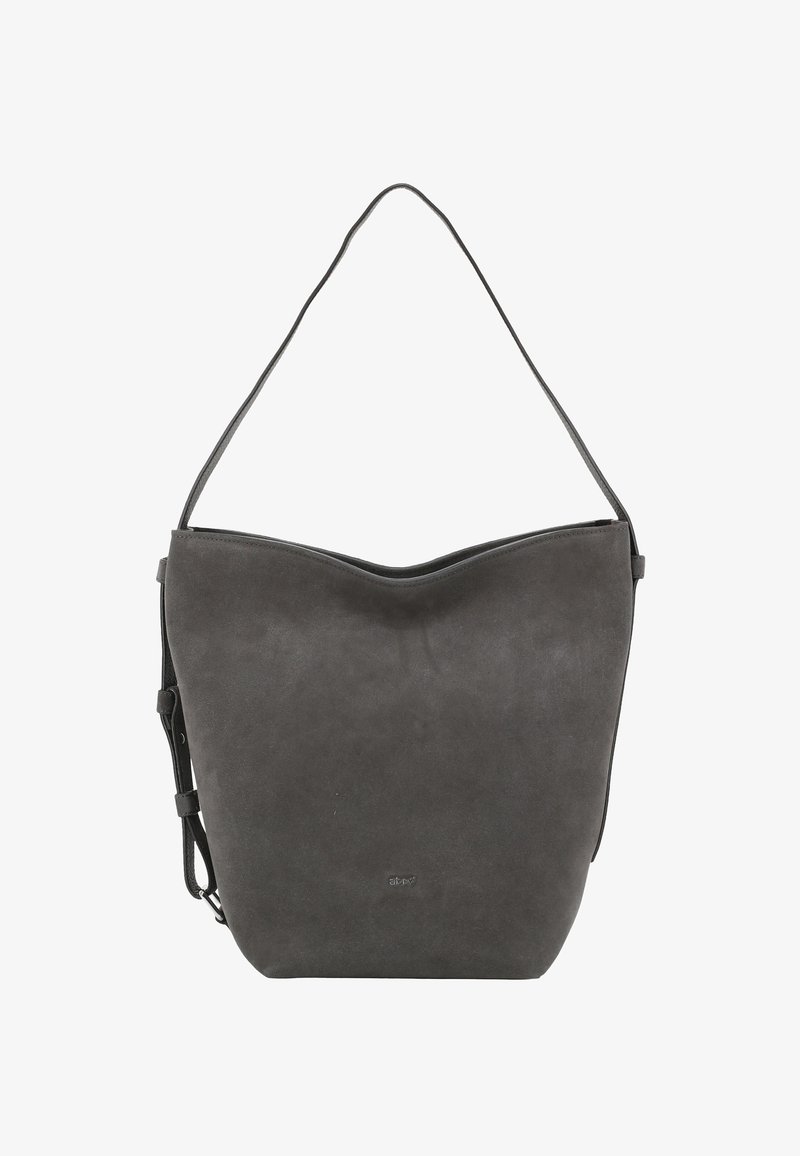 Grijze suède handtas met een zachte, ronde vorm, enkele schouderband en minimale hardware. Gladde textuur met een subtiele glans.