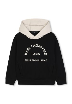 Sweat à capuche noir avec capuche beige et poche avant, avec texte blanc "Karl Lagerfeld Paris 21 Rue St-Guillaume" sur la poitrine.