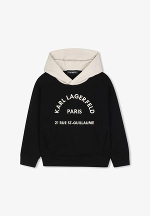 Sort hættetrøje med beige hætte og frontlomme, med hvid tekst "Karl Lagerfeld Paris 21 Rue St-Guillaume" på brystet.
