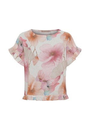 Hvid kortærmet bluse med flæsekant, med store pink, orange og fersken blomsterprint og subtile blå accenter.