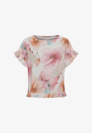 Hvid kortærmet bluse med flæsekant, med store pink, orange og fersken blomsterprint og subtile blå accenter.