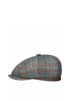 Flache Tweed-Newsboy-Mütze mit blau-braunem Karomuster und kleinem Lederbesatz am Hinterkopf.