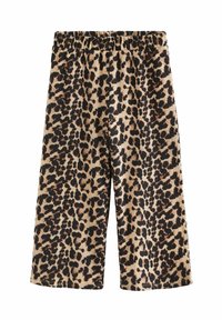 Pantaloni cropped in stampa leopardata realizzati in morbido tessuto, con vita elastica, texture a coste e una combinazione di colori marrone, nero e crema.