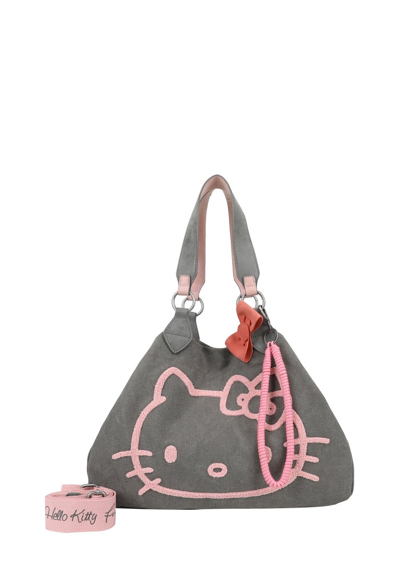 Borsa a tracolla in tessuto grigio con un design di Hello Kitty rosa, un accento a fiocco e una tracolla removibile con la scritta "Hello Kitty". Texture complessivamente liscia.