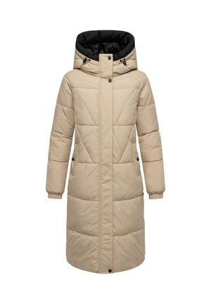 Bež pikkpikk mantli musta kapuutsiga; diagonaalselt õmmeldud, koos nööbiga ja elastsete mansettidega; sile tekstuur; põlvekõrgune.