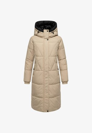 Beige long puffer coat with a black hood; features diagonal stitching, snap buttons, and elastic cuffs; smooth texture; knee-length.
