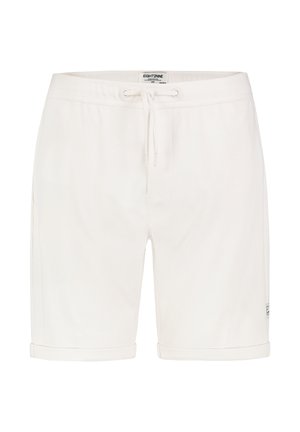 Weiße knielange Shorts mit Kordelzugbund und umgeschlagenen Säumen, mit kleinem Logopatch am rechten Bein.
