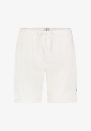 Weiße knielange Shorts mit Kordelzugbund und umgeschlagenen Säumen, mit kleinem Logopatch am rechten Bein.