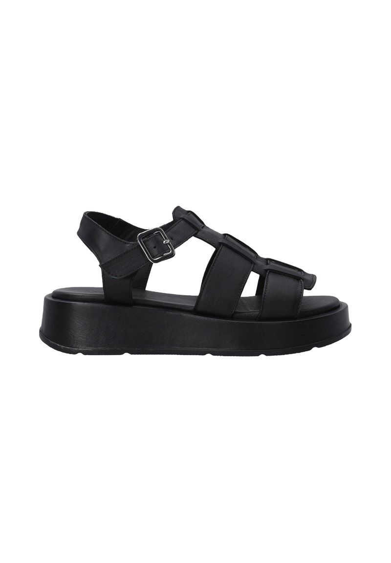 Schwarze Ledersandale mit mehreren Riemen, verstellbarem Schnallenverschluss und dickem Plattformsohle. Glatte Textur mit minimalistischem Design.