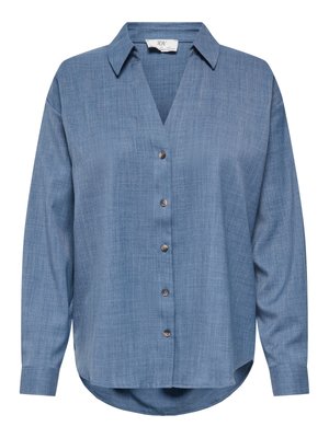 Blauw overhemd met lange mouwen, knopenrij aan de voorkant met vijf knopen, kraag en licht afgeronde zoom.