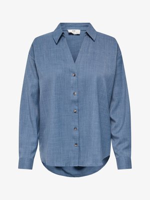 Blauw overhemd met lange mouwen, knopenrij aan de voorkant met vijf knopen, kraag en licht afgeronde zoom.