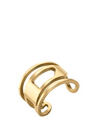 Anello in metallo dorato con un design curvo, caratterizzato da due bande parallele e un accento circolare alla base, texture liscia con finitura lucida.
