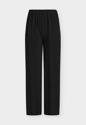 Pantalon noir avec taille élastique, coupe droite, fabriqué en tissu lisse, présenté à plat sur un fond blanc.