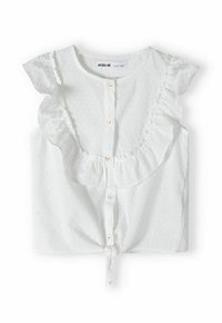 Blusa bianca a maniche corte con scollo arricciato e chiusura a bottoni. Presenta un tessuto testurizzato con piccoli punti in rilievo e un dettaglio a fiocco all'orlo.