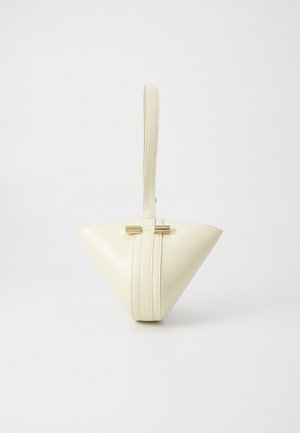 Cream-colored triangular handbag made of smooth synthetic material, featuring a long strap and gold-tone hardware accent.