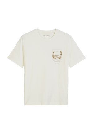 White short-sleeve T-shirt with round neck, small nature landscape print, and text on left chest pocket area.