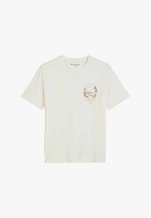 White short-sleeve T-shirt with round neck, small nature landscape print, and text on left chest pocket area.